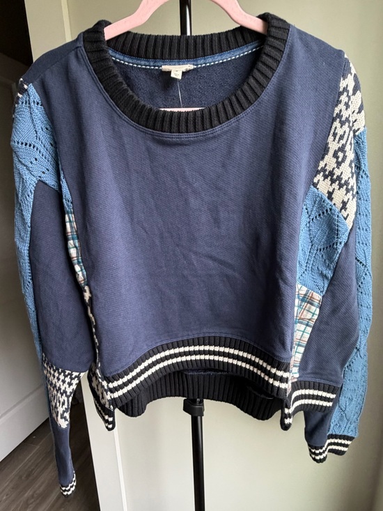 Pilcro Sweaters - Pilcro Navy Blue Patchwork Knit-Panel Sweater